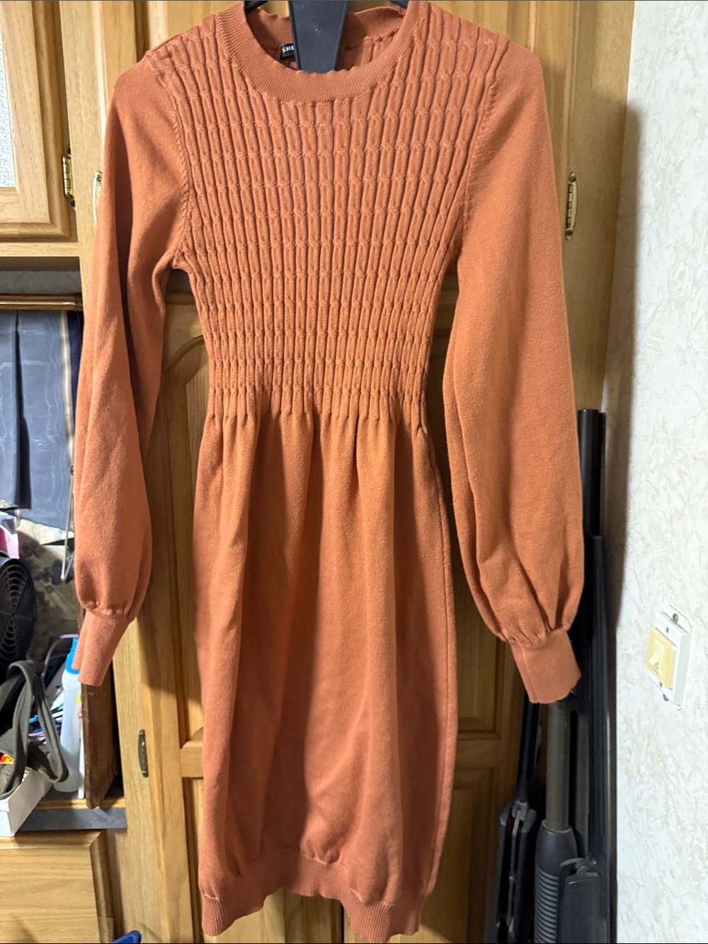 SHEIN Rust Orange Smocked Knit Sweater Dress